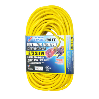 US Wire & Cable 100ft, Yellow 12/3 SJTW Extension Cord w/ Lighted Outlet, Single Plug